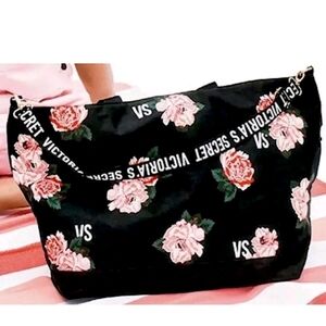 Victoria's Secret Black Tote Weekender with Pink Floral Design